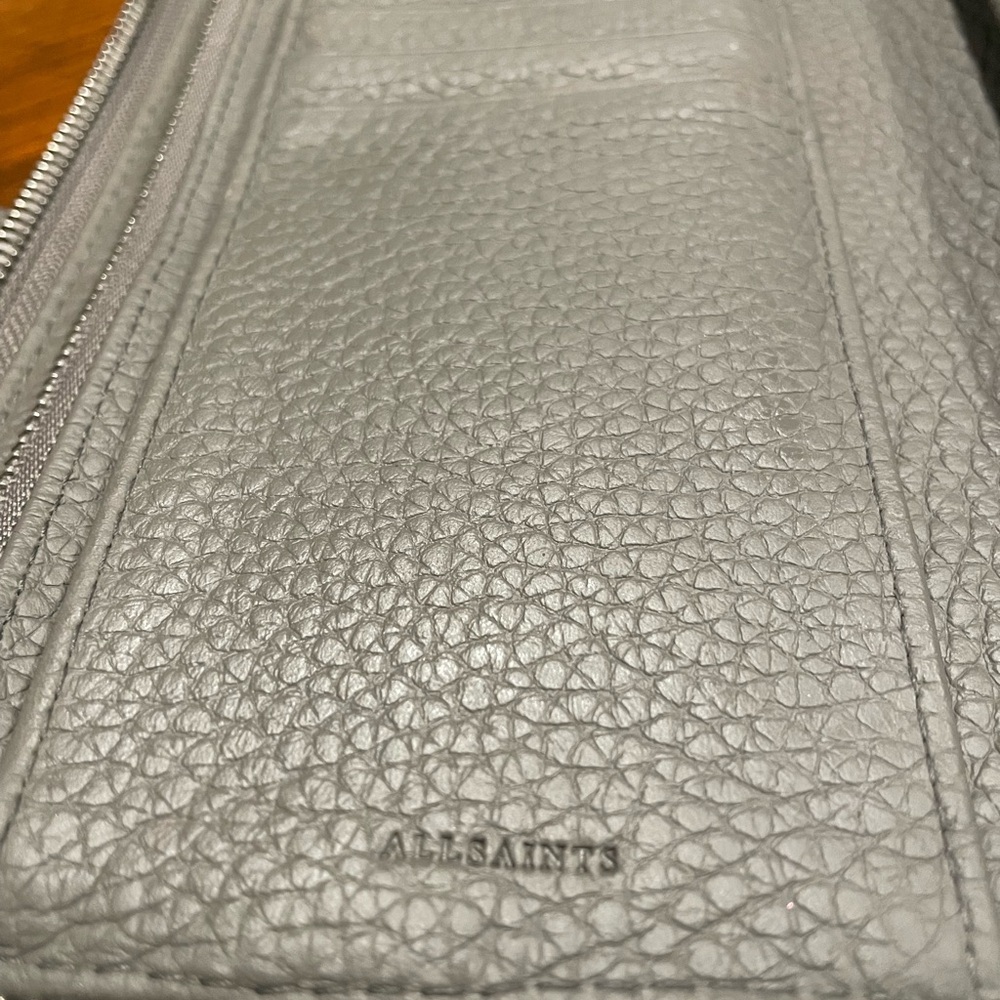 ALLSAINTS gray pebbled leather Long Wallet zippy with wristlet WLT2 - Picture 8 of 10